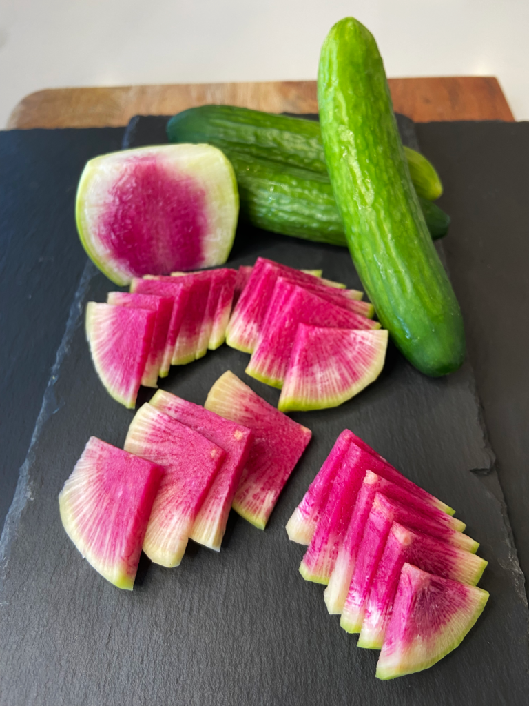 ingredients for Air Fryer Watermelon Radish Cucumber Salad with Vegan Feta