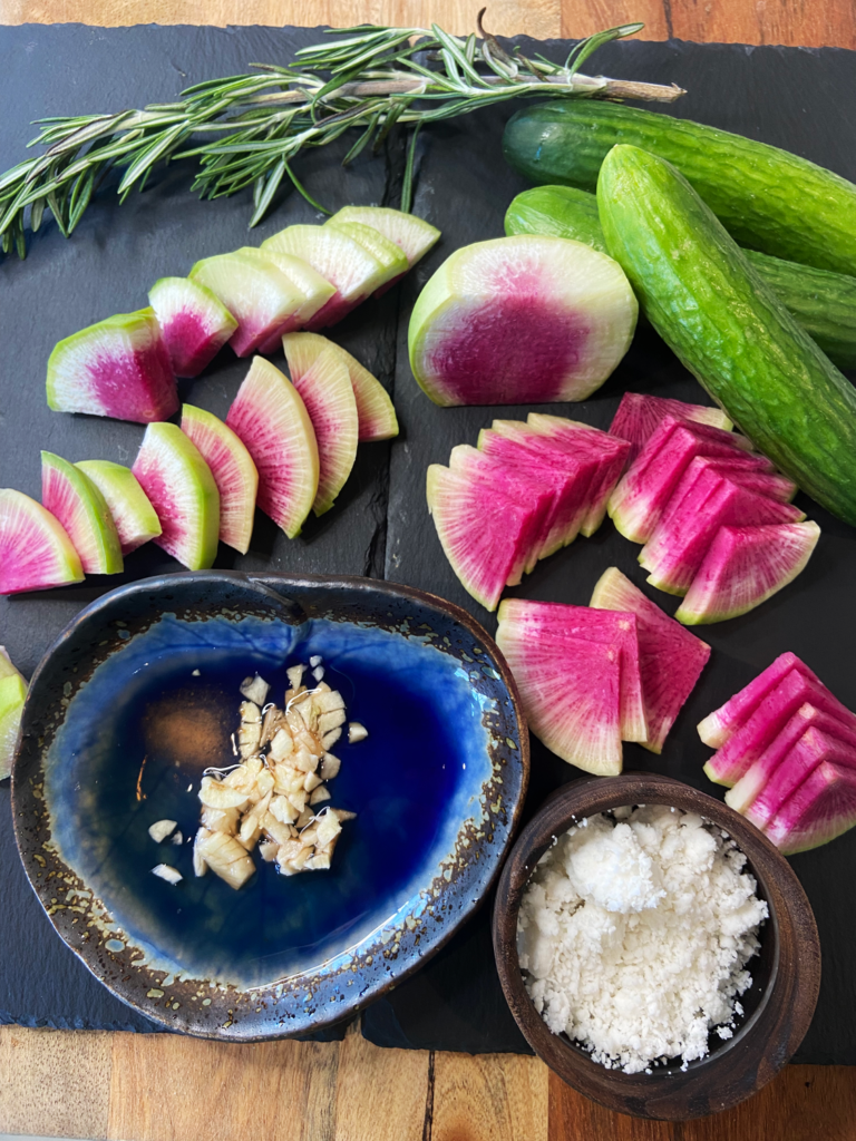 ingredients for Air Fryer Watermelon Radish Cucumber Salad with Vegan Feta