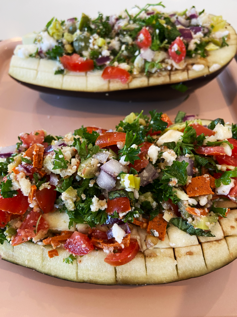 air fryer vegan antipasto stuffed  aubergine and feta