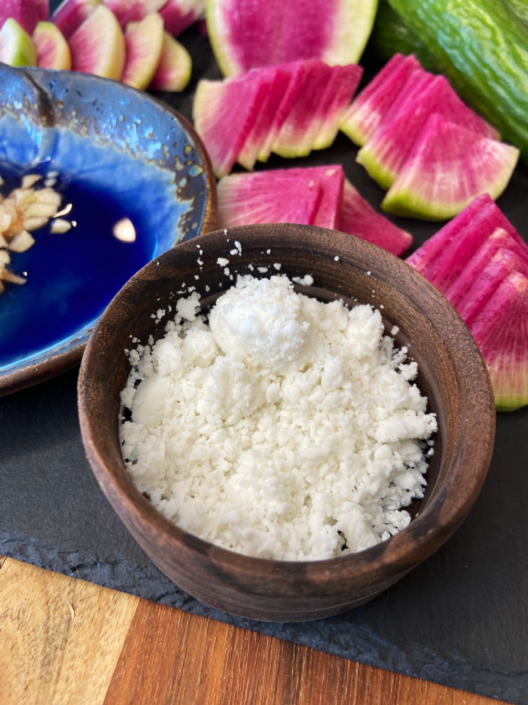 ingredients for Air Fryer Watermelon Radish Cucumber Salad with Vegan Feta