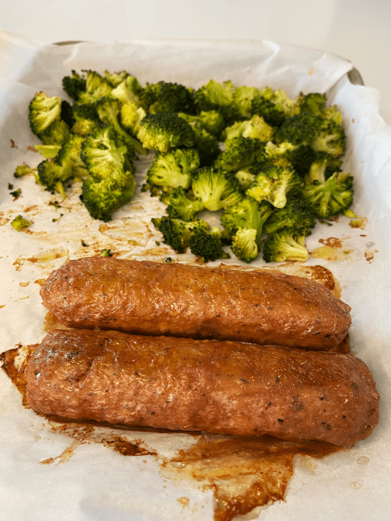 roasted broccoli and vegan bangers