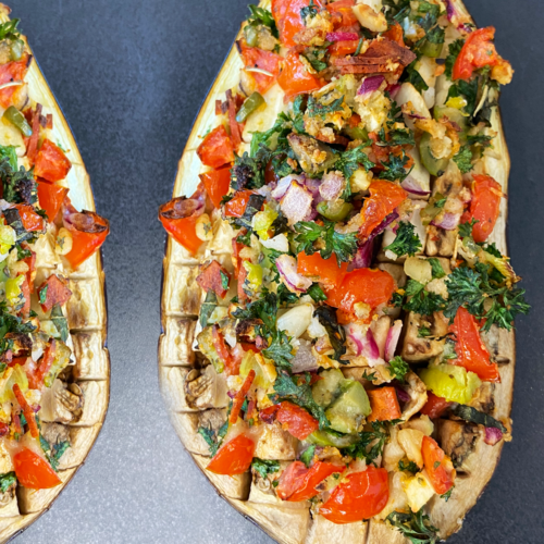 vegan antipasto stuffed aubergine and feta