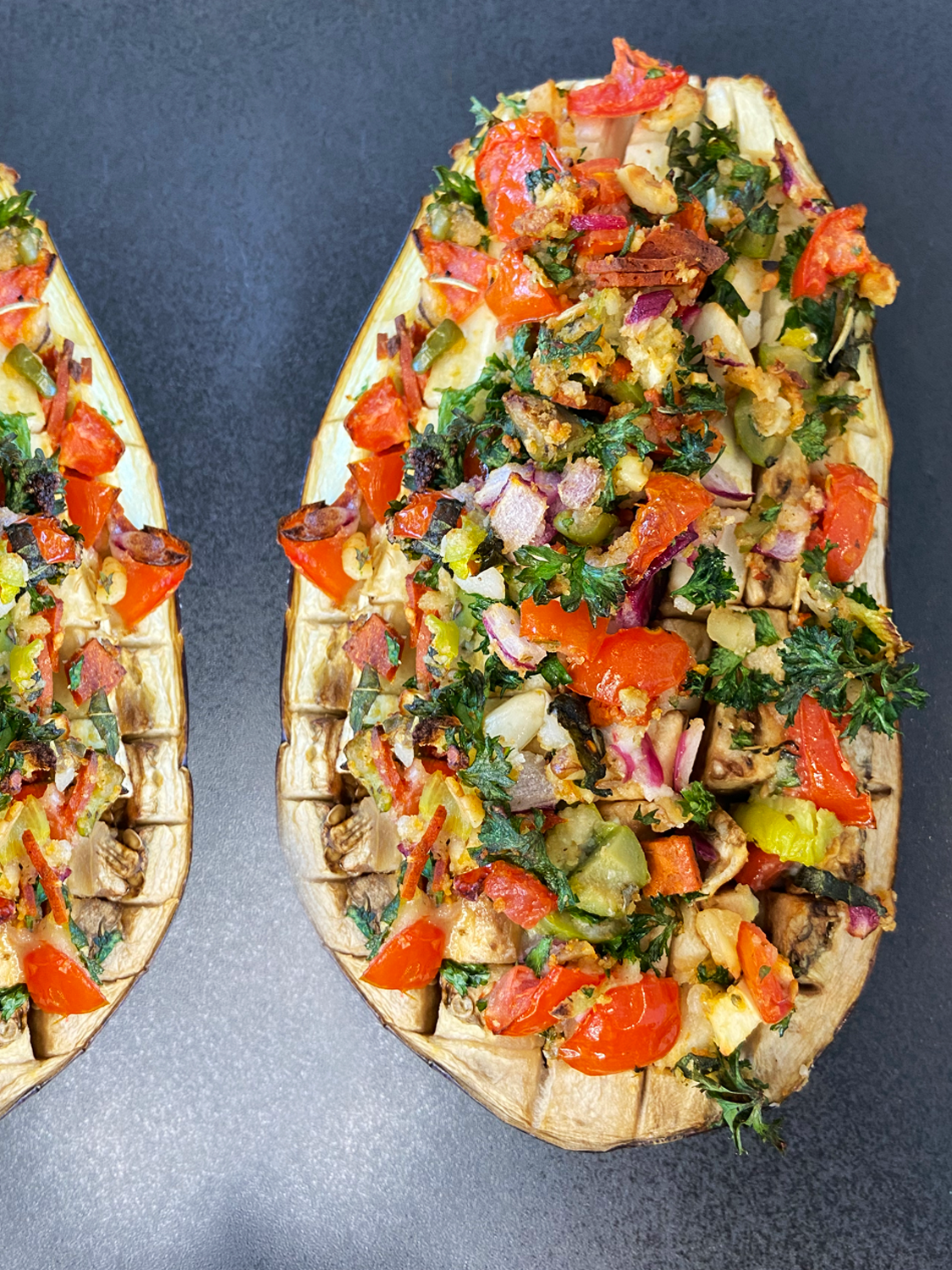 Air fryer vegan Antipasto stuffed aubergine and feta