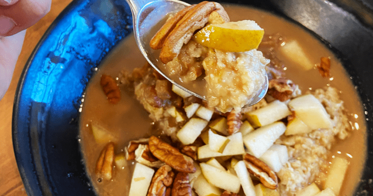 Chai Latte Steel Cut Oats with pecans and pear