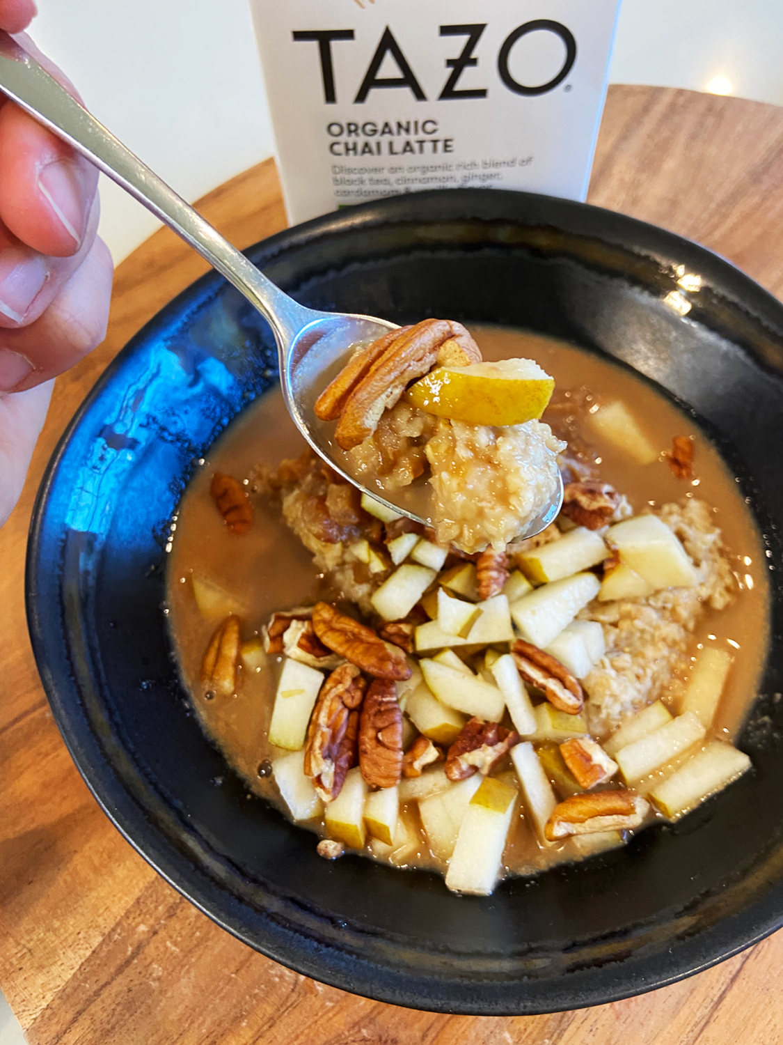 Chai Latte Steel Cut Oats with pecans and pear