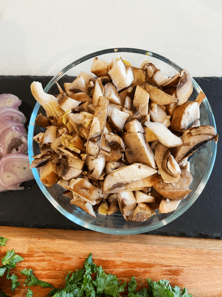 mushrooms and shallot for just egg vegan quiche  with kale and  mushroom