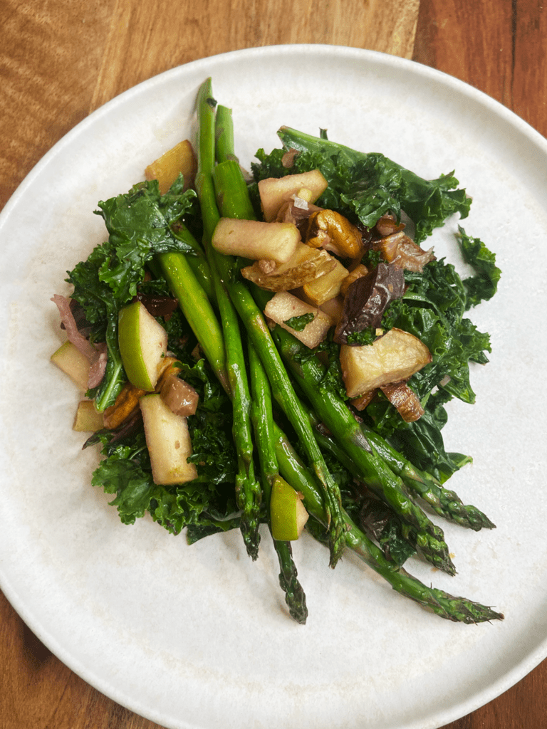 Air Fryer Brunch Asparagus Kale Salad with vegan sausage Olive You
