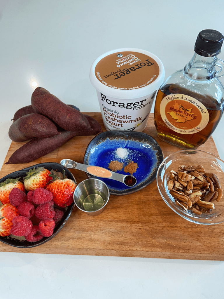 ingredients for Breakfast Air Fryer Purple Potatoes with fresh fruit and a sweet vanilla vegan yogurt sauce