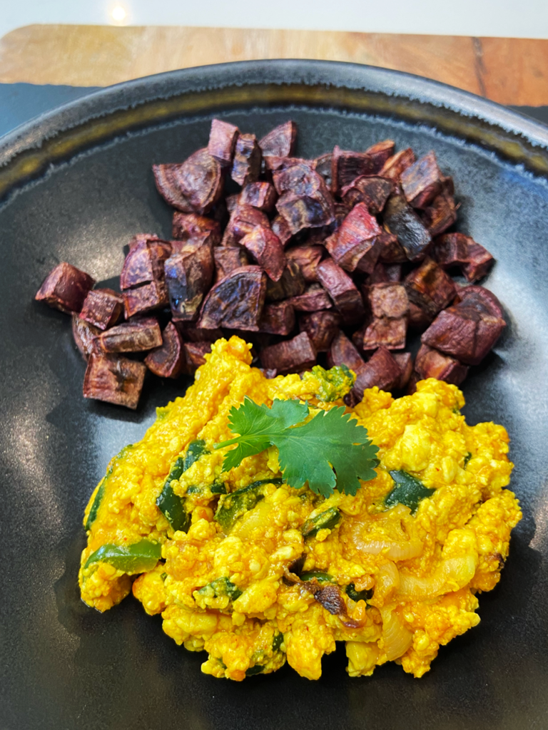 Air Fryer Silken Tofu Scramble with Purple Sweet Potatoes