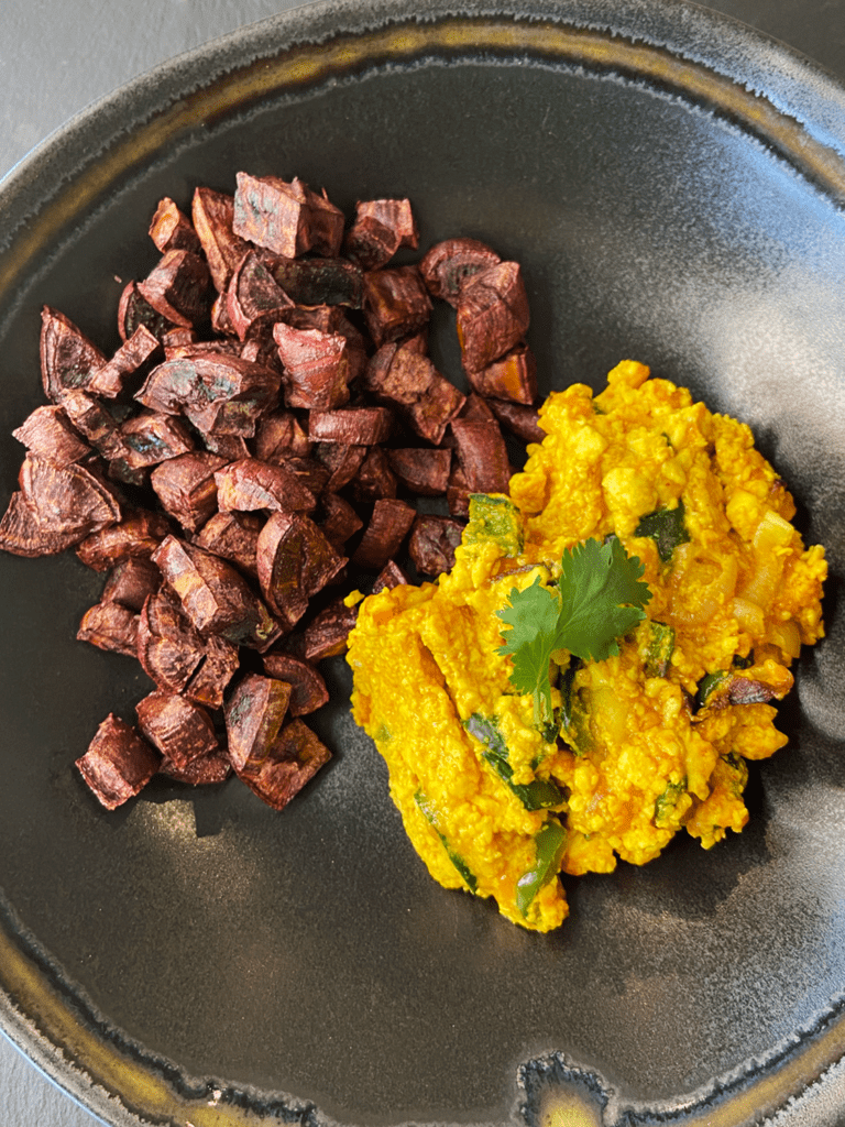 Air Fryer Silken Tofu Scramble with Purple Sweet Potatoes