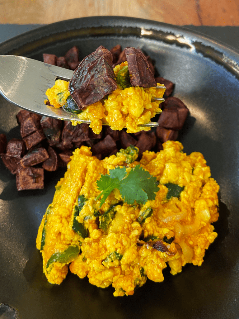 Air Fryer Silken Tofu Scramble with Purple Sweet Potatoes