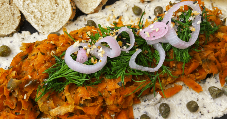 Carrot Lox Vegan Dip with Bagels (vegan smoked salmon)