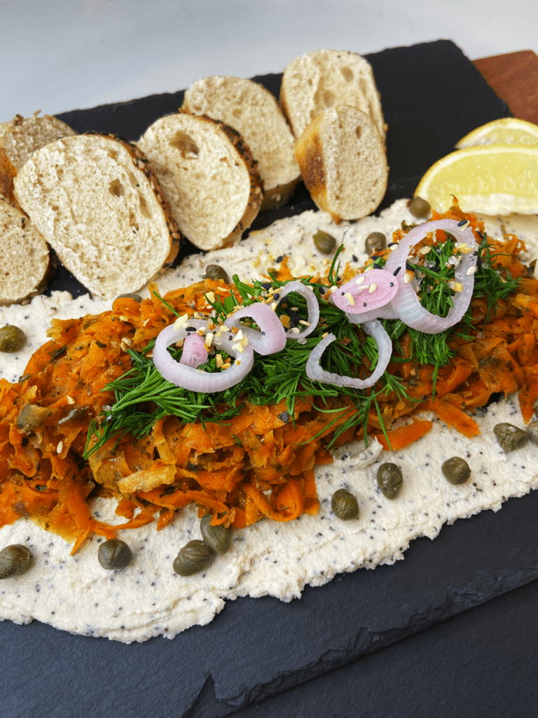 carrot lox vegan dip with bagels