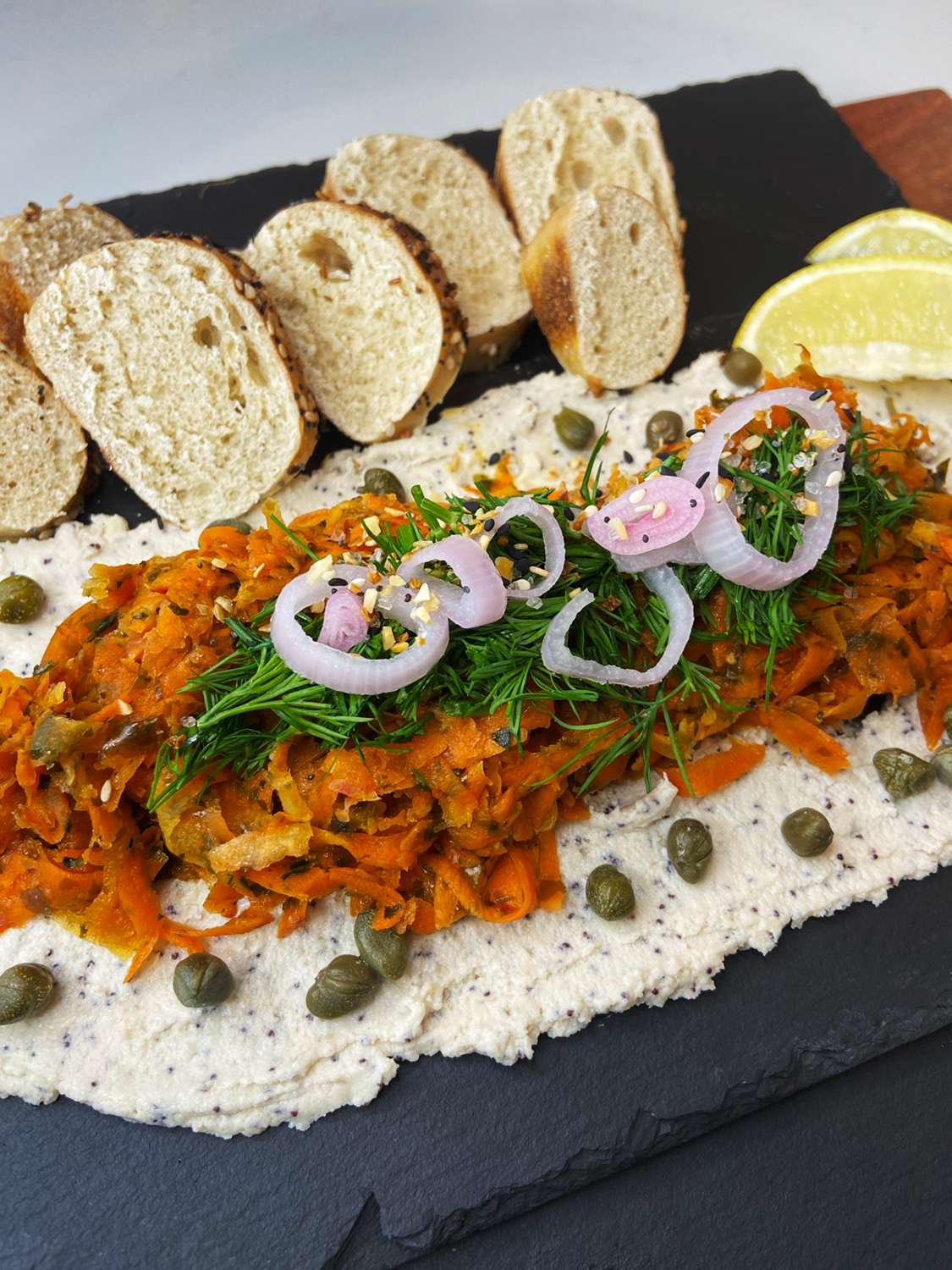 Carrot Lox Vegan Dip with Bagels (vegan smoked salmon)