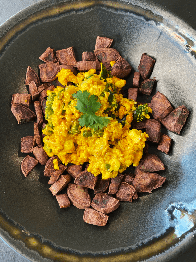 air fryer silken tofu scramble purple sweet potatoes