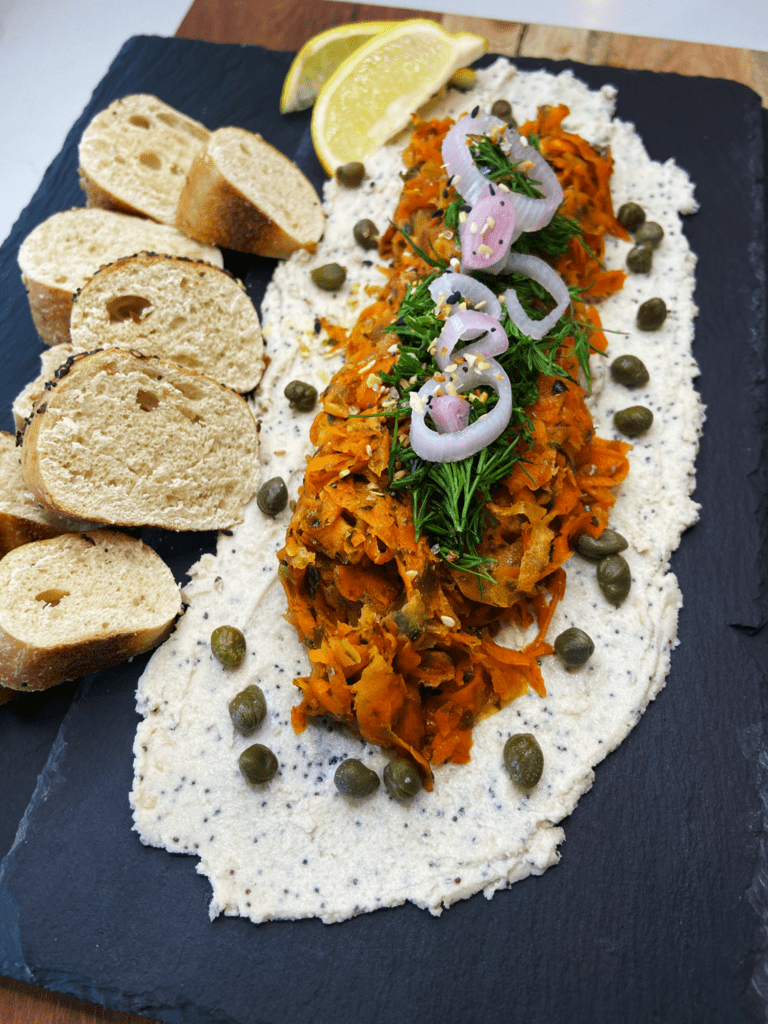 carrot lox vegan dip with bagels