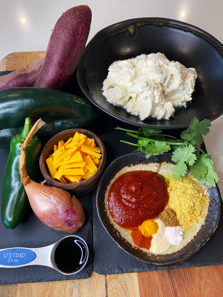 ingredients for Air Fryer Silken Tofu Scramble with Purple Sweet Potatoes