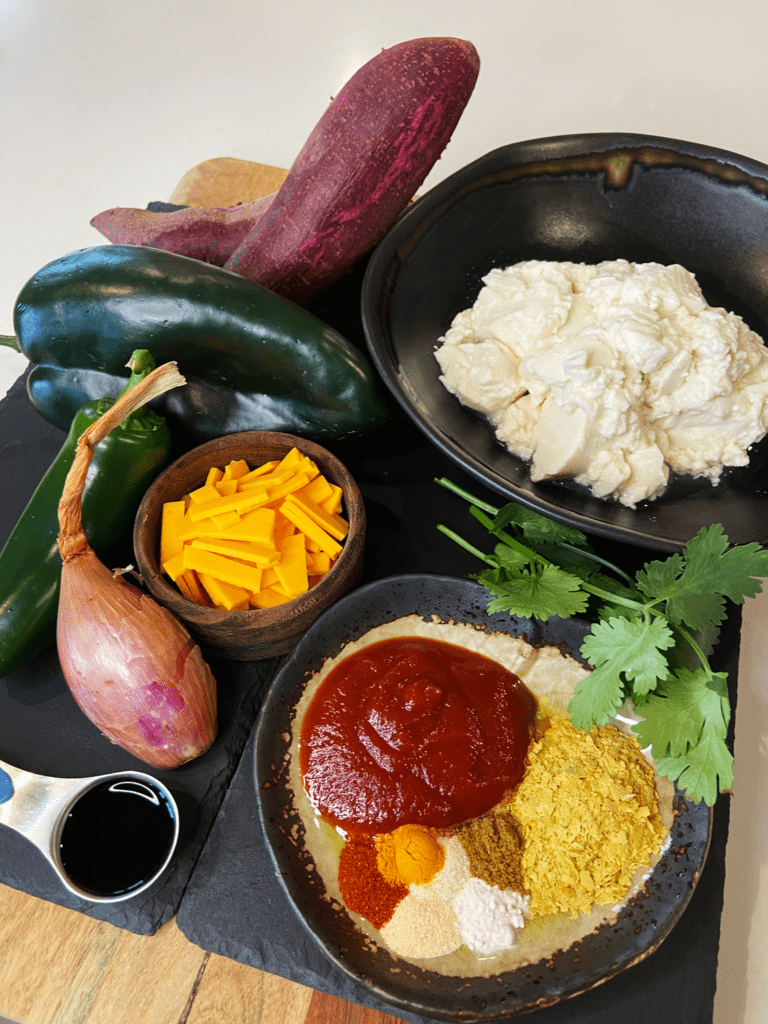 ingredients for Air Fryer Silken Tofu Scramble with Purple Sweet Potatoes