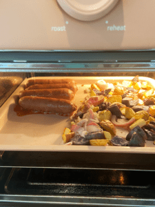 vegan sausage shallots and potatoes in air fryer