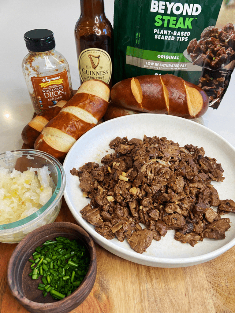 ingredients for Guinness Beyond Steak Pretzel Bun Sandwich