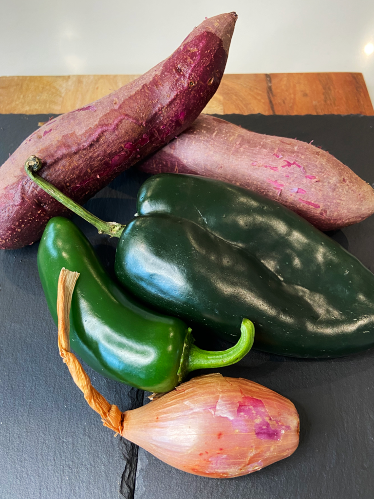 potato, peppers, and shallot for Air Fryer Silken Tofu Scramble with Purple Sweet Potatoes