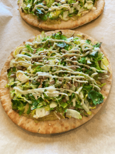 vegan brussels sprouts caesar pita pizza