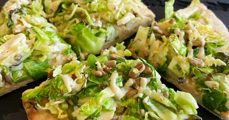 Brussels sprout caesar pita pizza (vegan nut-free caesar)