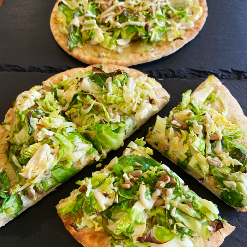 vegan brussels sprouts caesar pita pizza