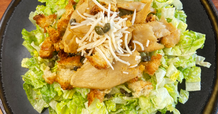 air fryer vegan chicken caesar salad with tahini dressing