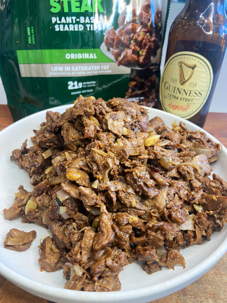 vegan Guinness steak tips with vegan meat substitutes 