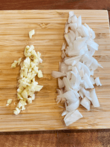 shallots and garlic cut up for Hawaiian Korean Beyond Ground Beef Tacos