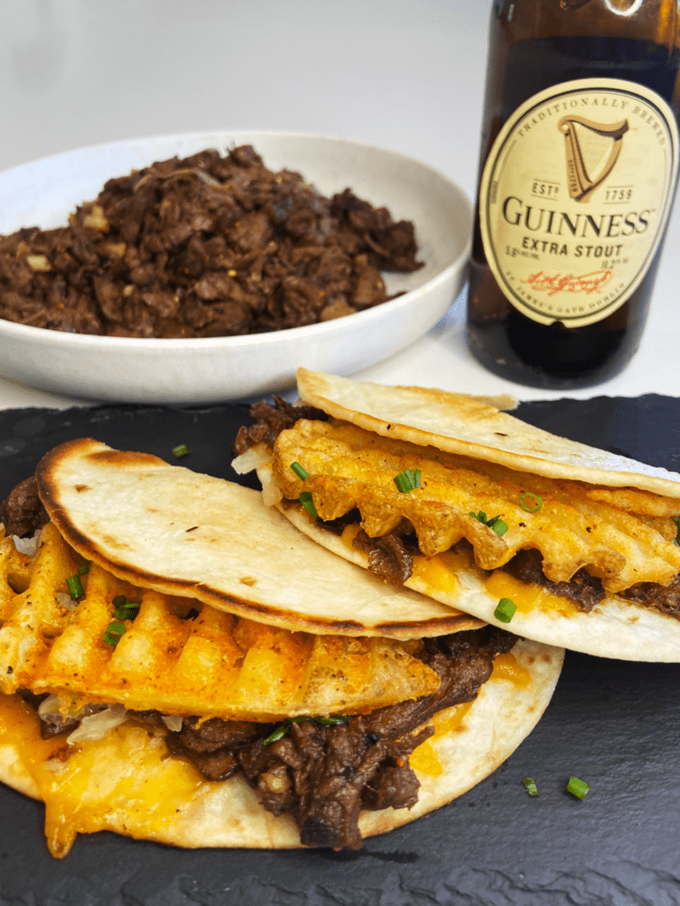 Vegan steak quesadillas with vegan meat substitutes 