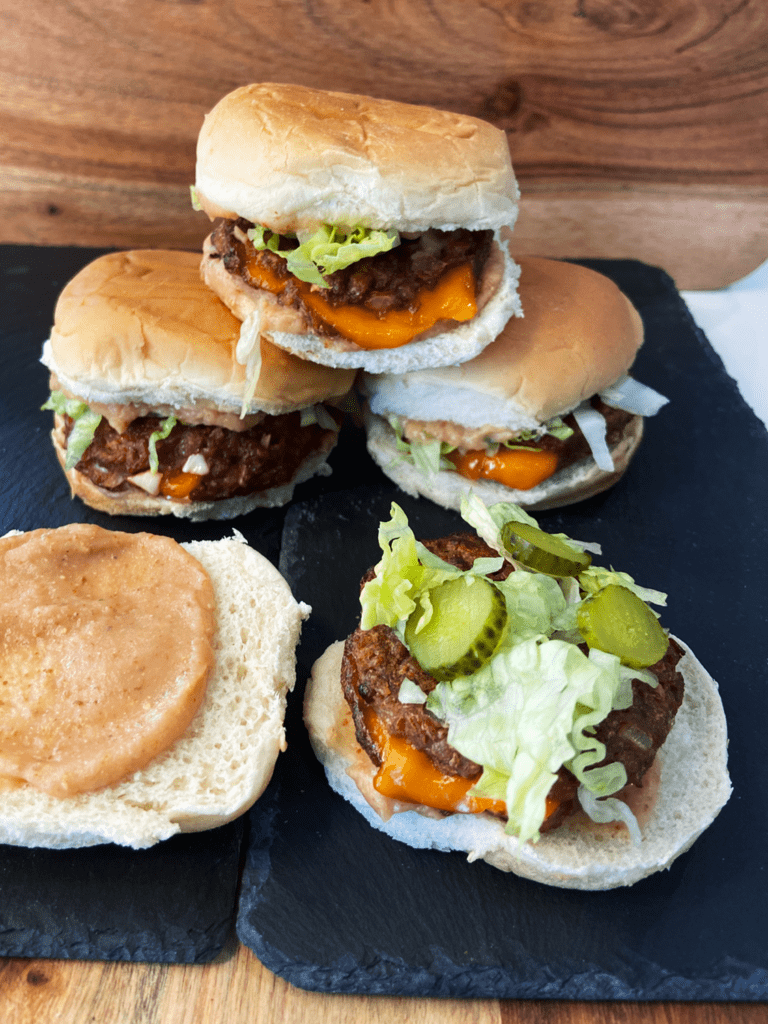 vegan Big Mac sliders with vegan meat substitutes 