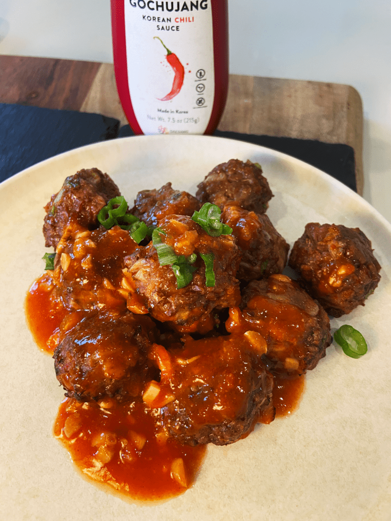 vegan Gochujang meatballs with vegan meat substitutes 