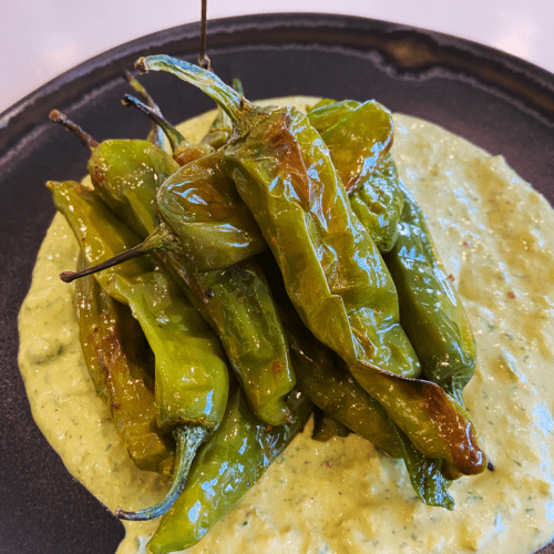 shishito peppers in tahini sauce