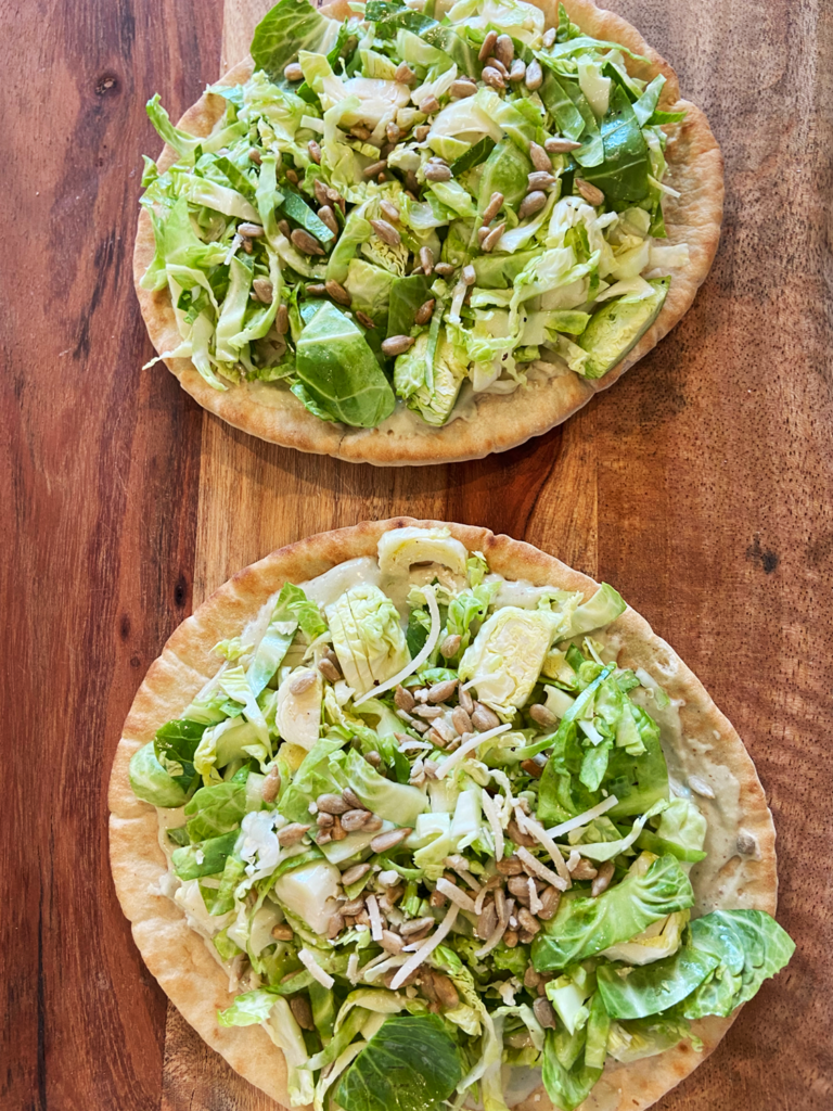 vegan brussels sprouts caesar pita pizza