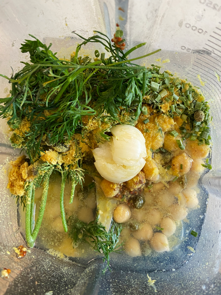 ingredients for lemon herb tahini dressing in blender