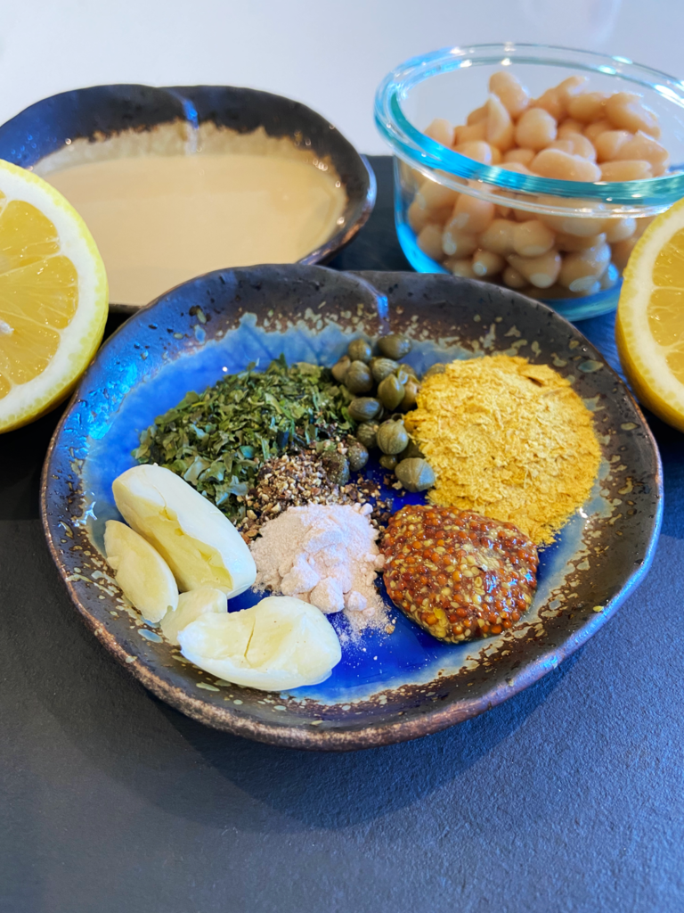 ingredients for creamy Tahini Caesar dressing 