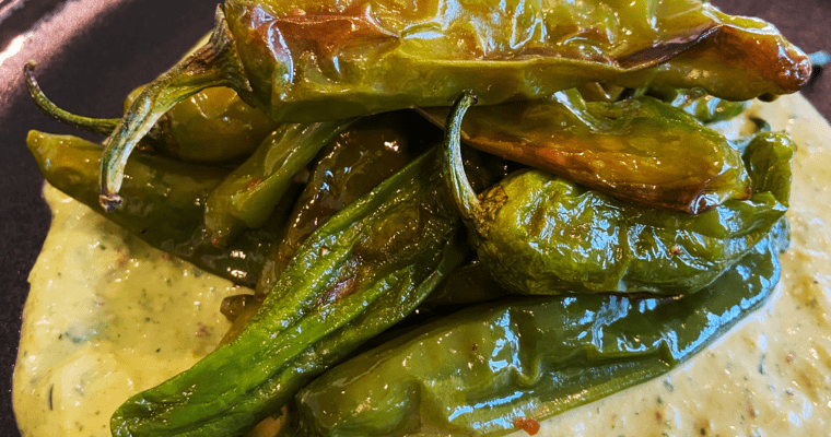 AIR FRYER SHISHITO PEPPERS WITH LEMON HERB TAHINI DIP