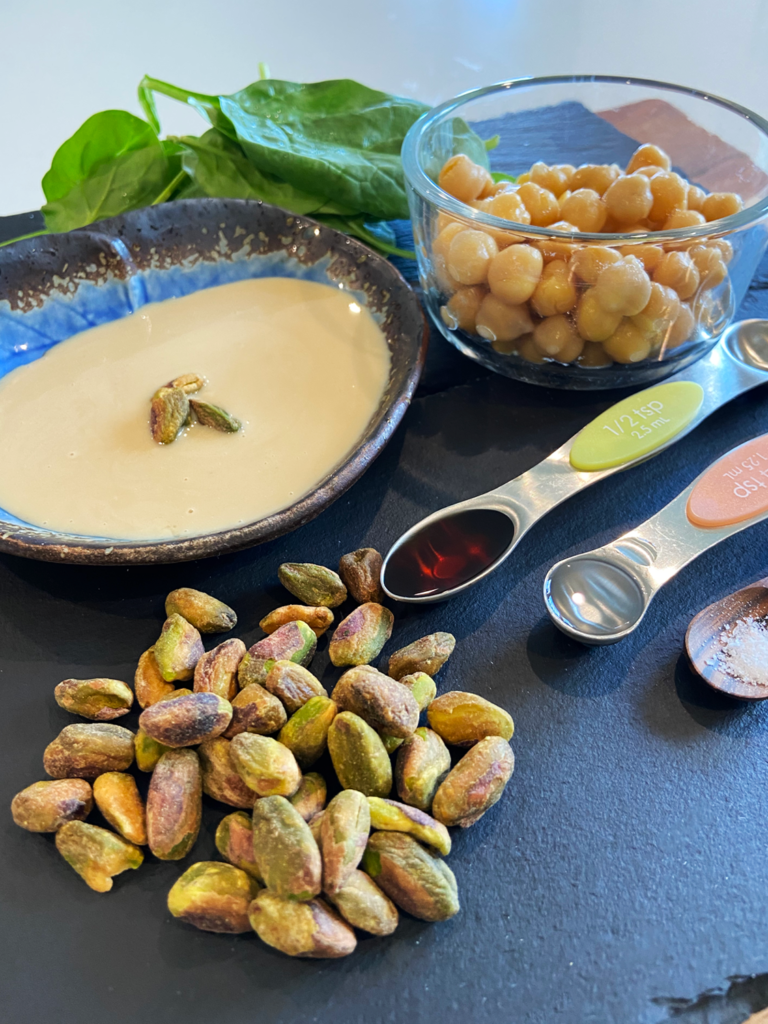 ingredients for sweet pistachio tahini vegan fruit dip