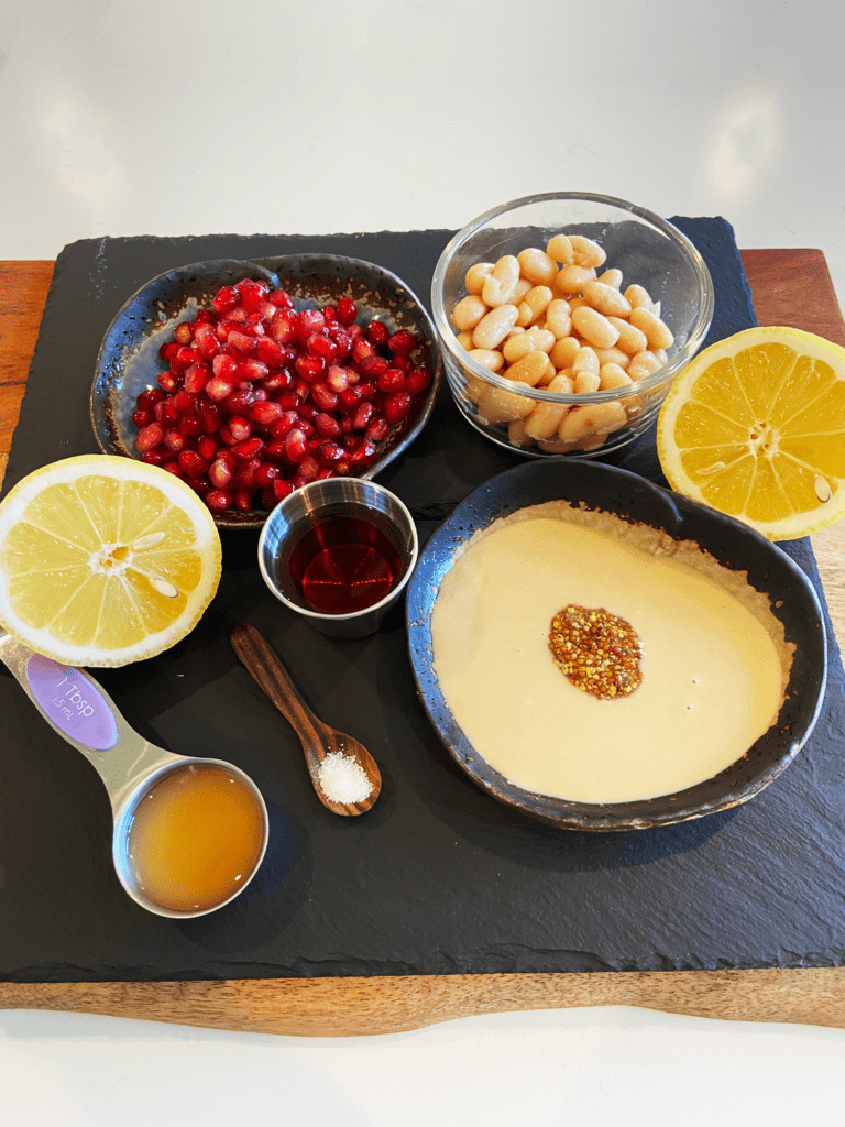 ingredients for  tahini pomegranate dressing