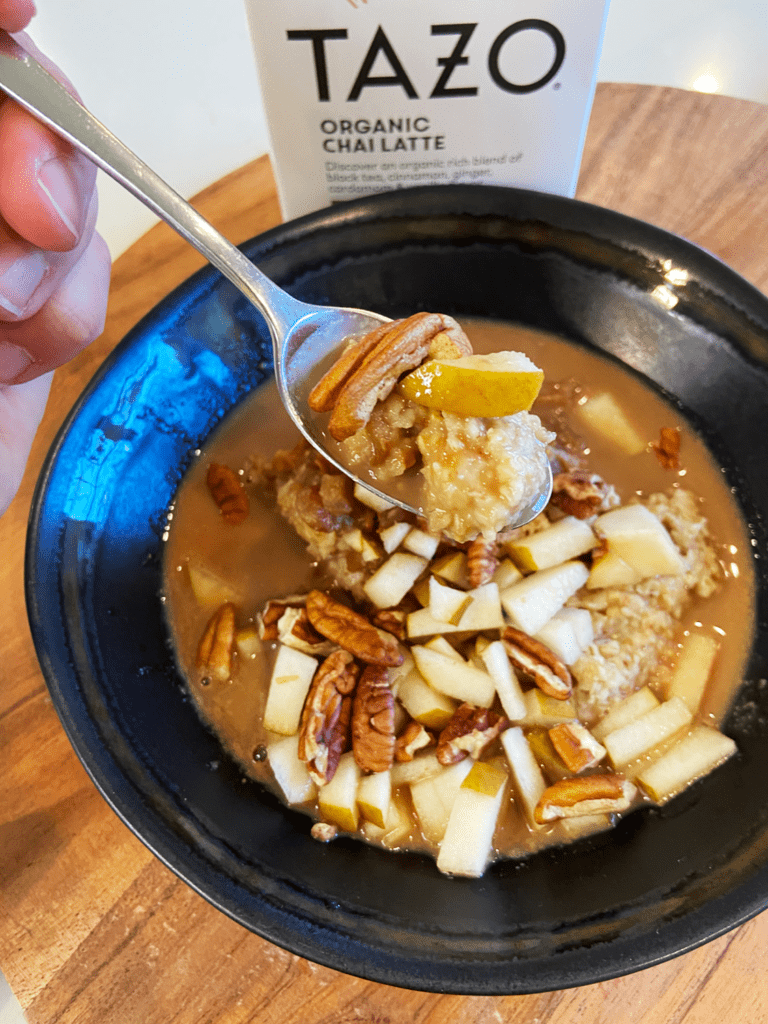 CHAI LATTE STEEL CUT OATS WITH PECANS AND PEAR