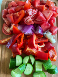 diced tomatoes, peppers, cucumber, red onion