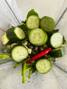 ingredients for garlic scape hot sauce in blender