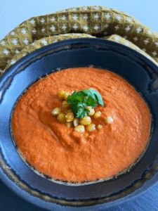 gazpacho with roasted chickpeas and herbs