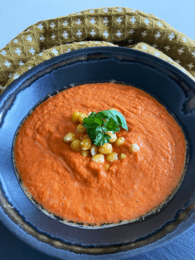 gazpacho with roasted chickpeas and herbs